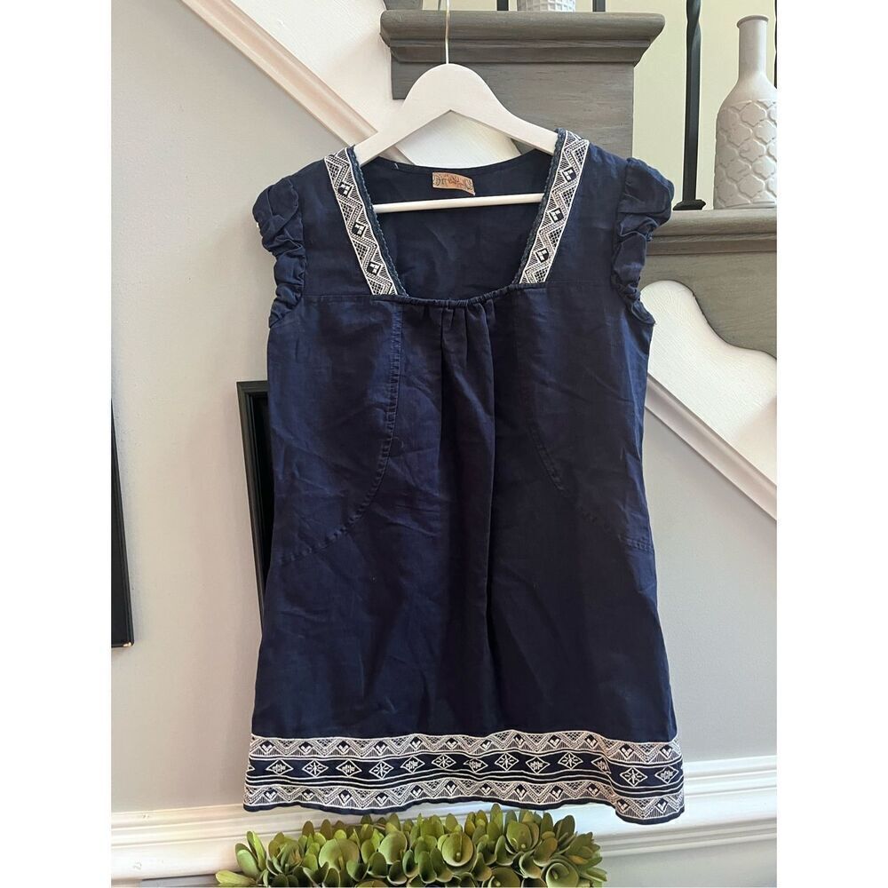Criss Cross Navy Linen Embroidered Ruffle Cap Sleeve Dress sz S